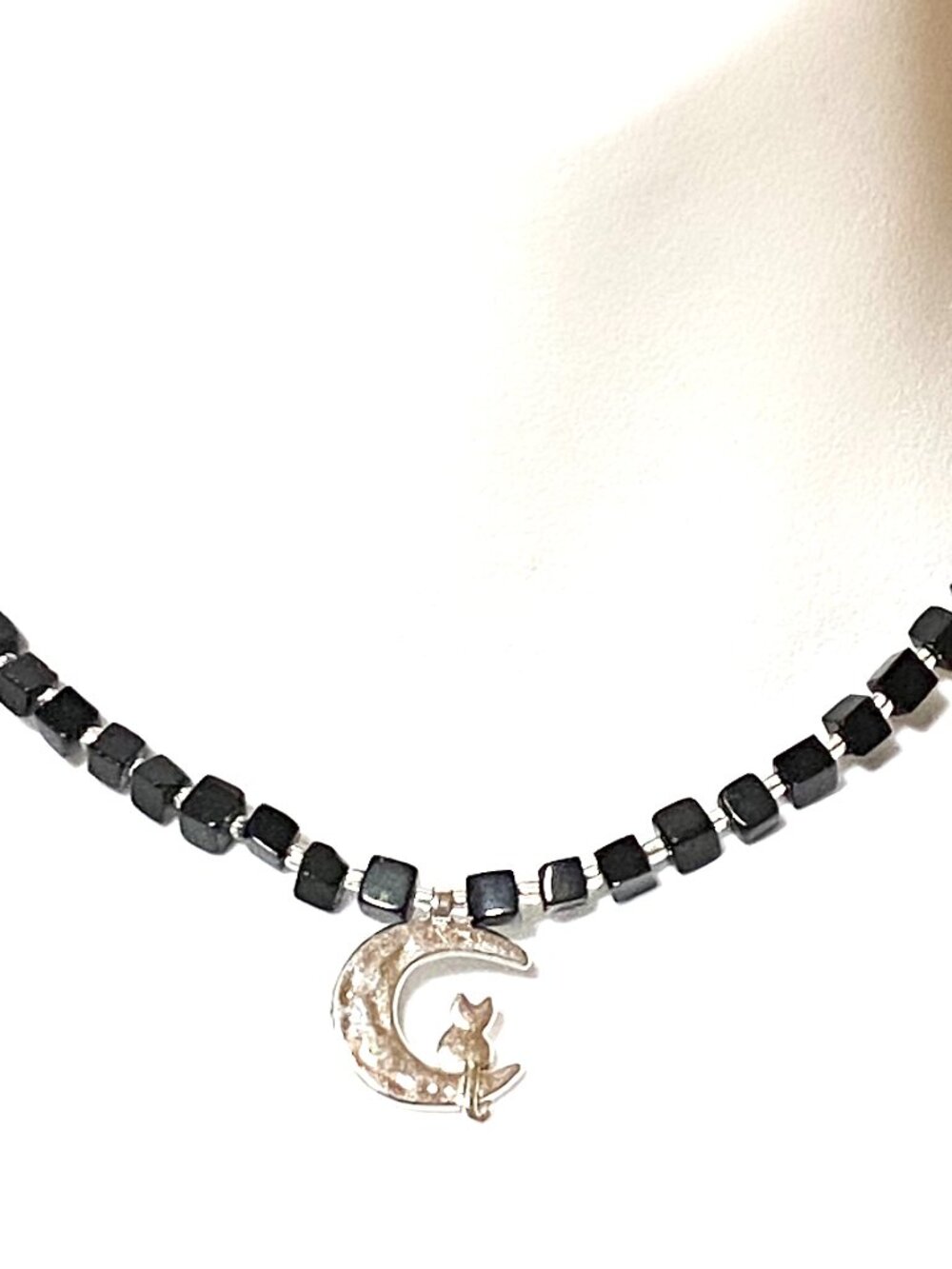 Black Agate Short Necklace, Natural Gemstone & Silver Cat on the Moon Pendant